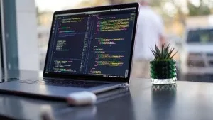 laptop met programmeertaal op een tafel en een plant ernaast