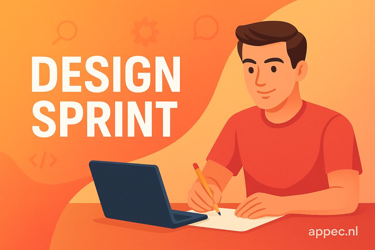 Thumbnail over design sprint met een man die achter een laptop werkt en aantekeningen maakt, in flat-vector Appec-stijl.