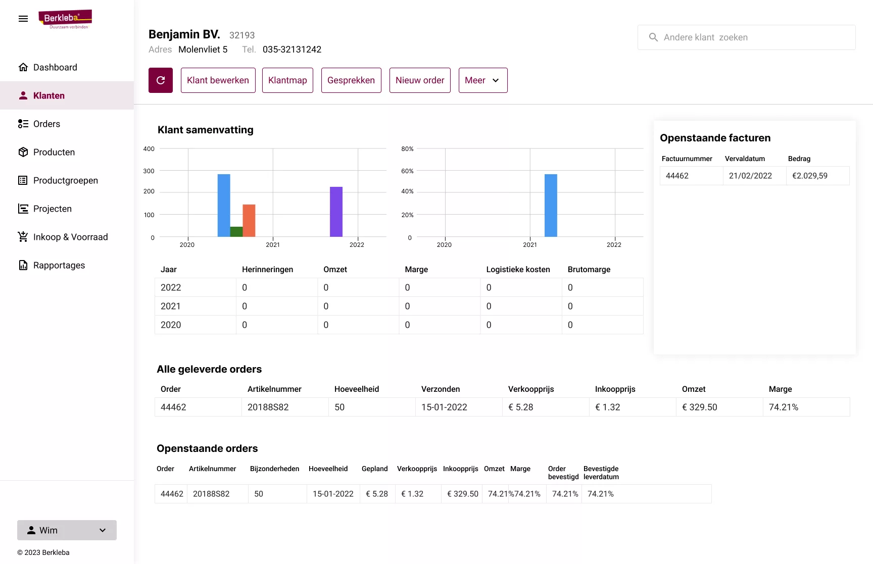 Klant-dashboard met meerjarige omzet- en margeanalyse per klant
