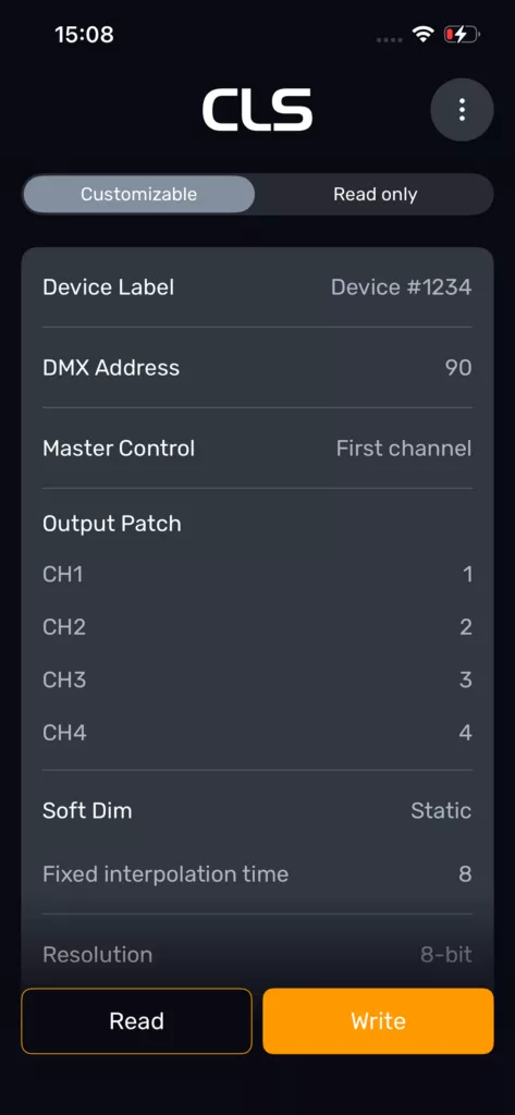 LumiTaG configuratiescherm op iPhone met instelbare parameters voor een LED-armatuur
