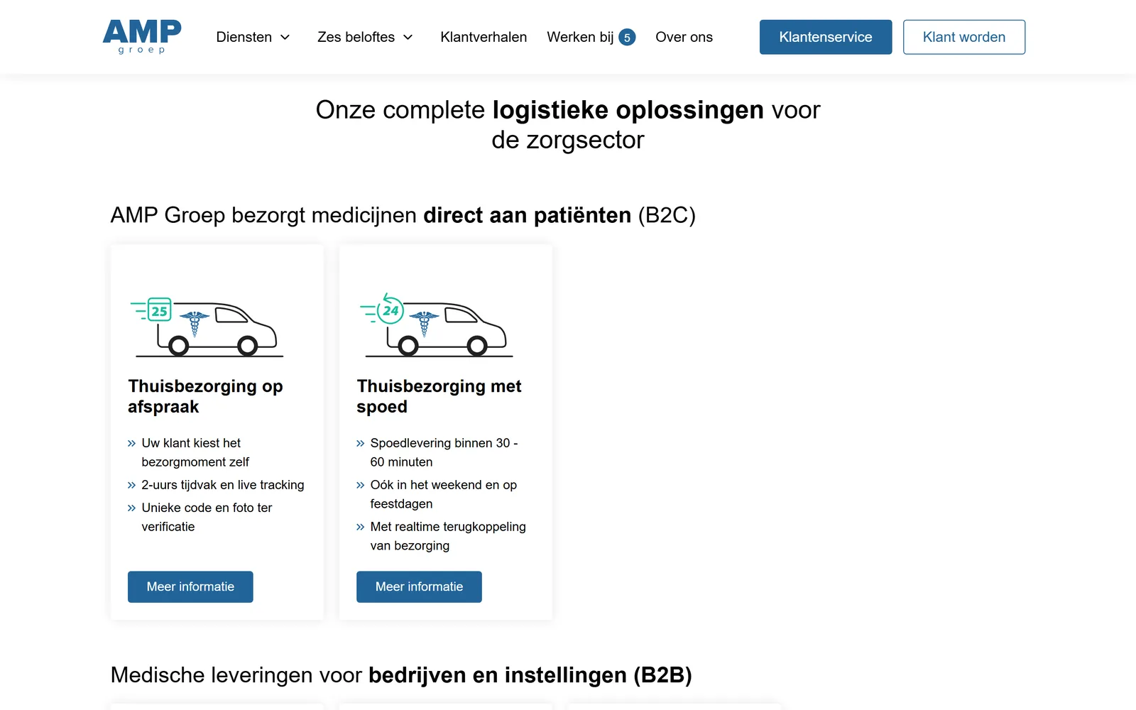 Oplossingenblok op een dienstpagina met kaarten voor thuisbezorging op afspraak en met spoed