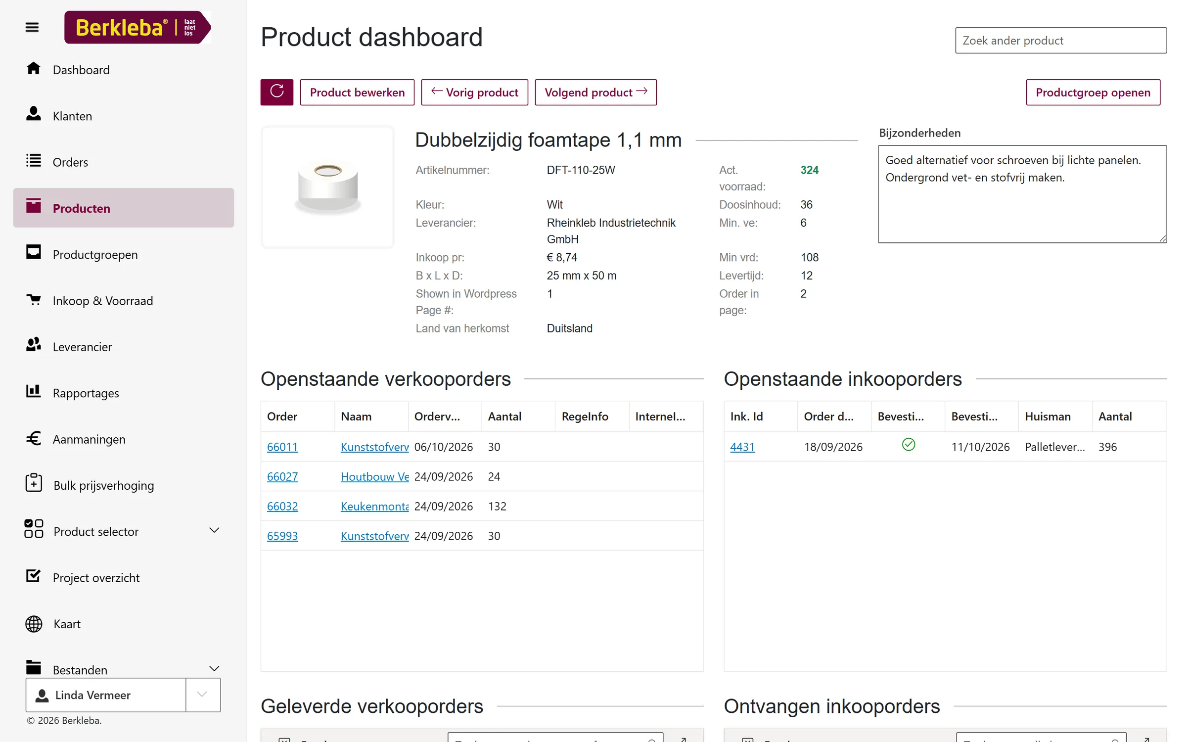 Productdashboard met voorraad, open verkooporders en open inkooporders