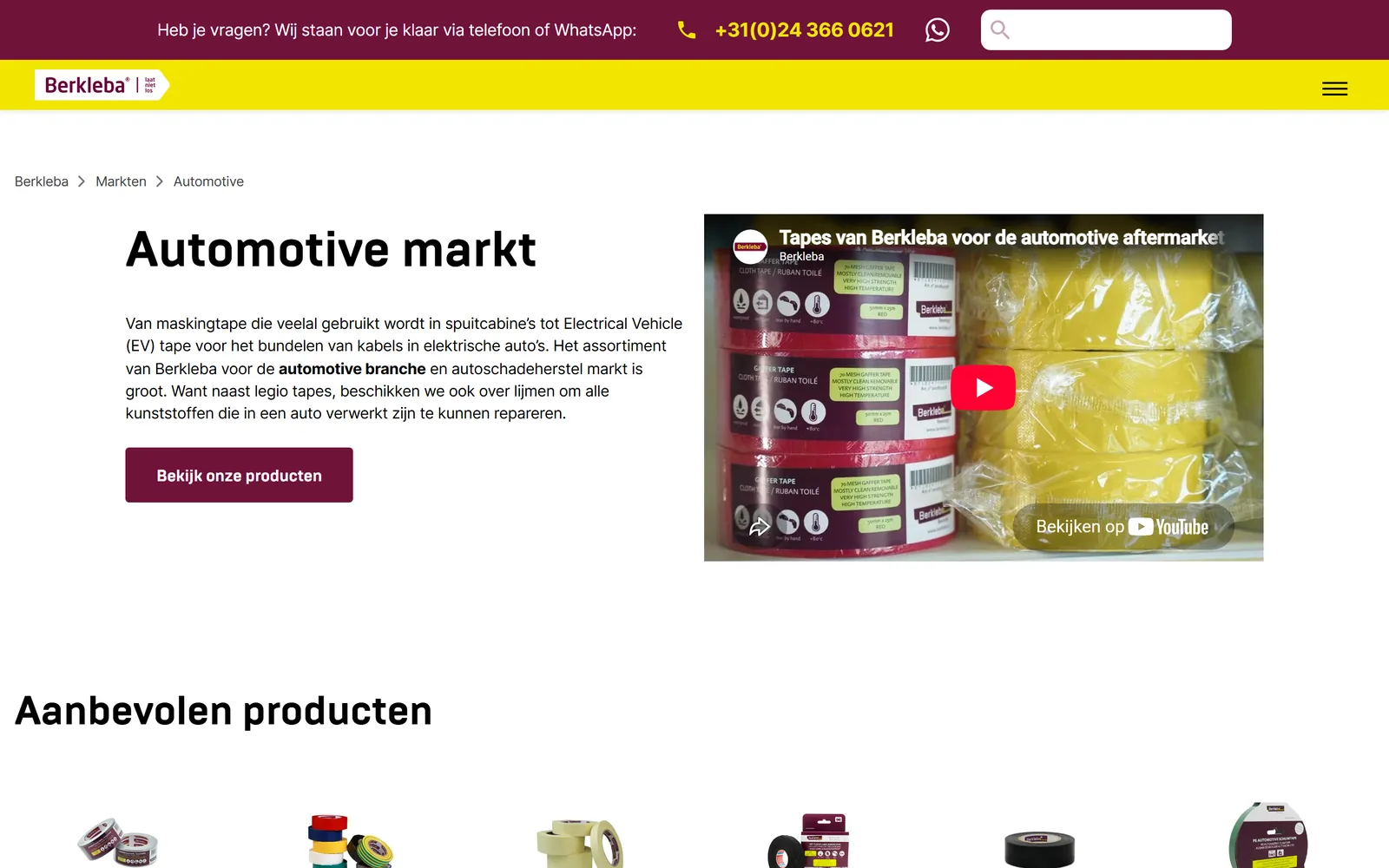 Marktpagina automotive met video en aanbevolen producten