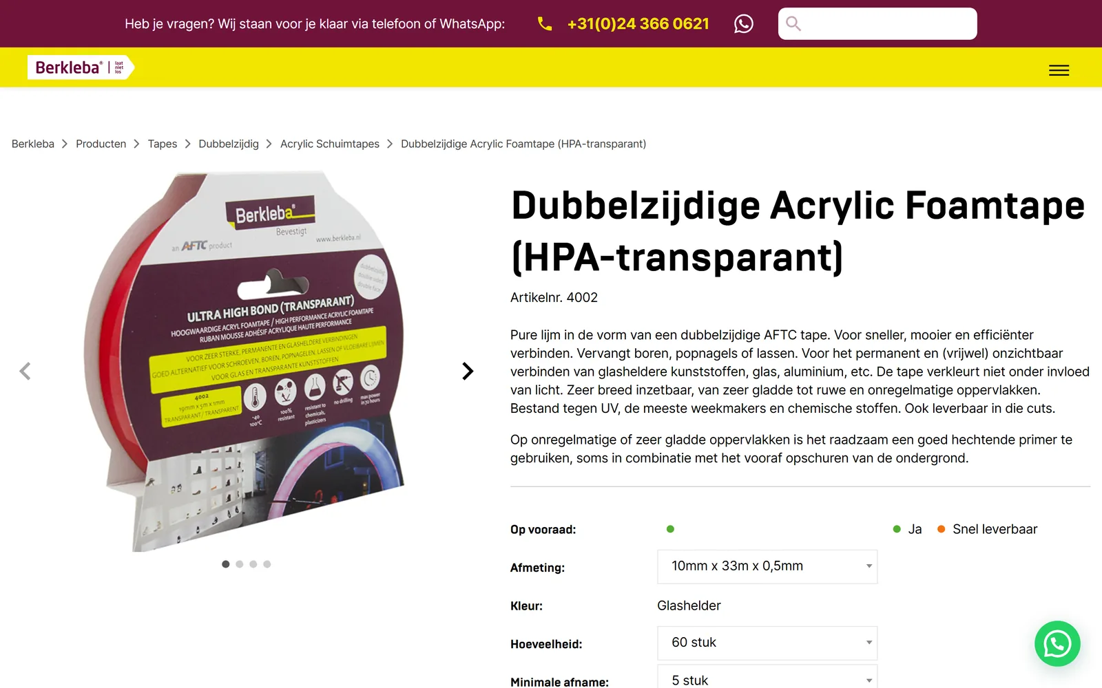 Productpagina van een dubbelzijdige acrylic foamtape met afmeting, kleur en afname
