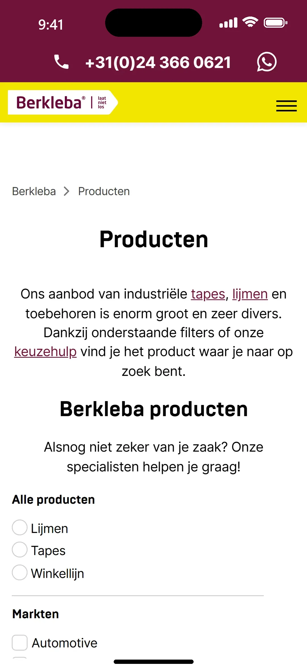 Productoverzicht op de telefoon met filters op soort en markt