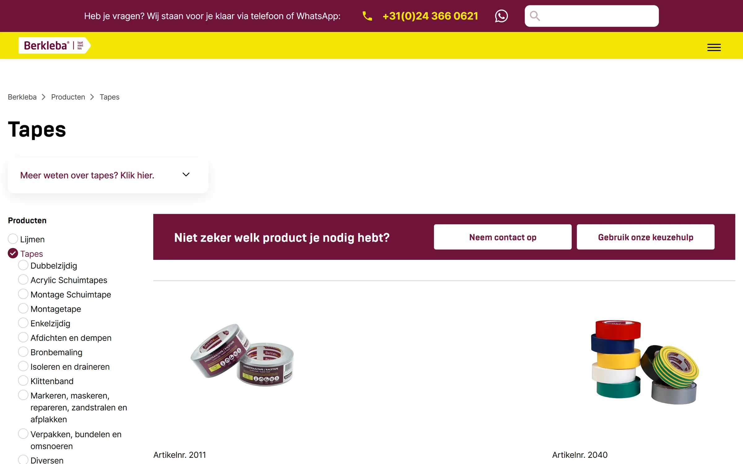 Tapes-overzicht met filters per soort, direct gevuld vanuit de Berkleba-webapp