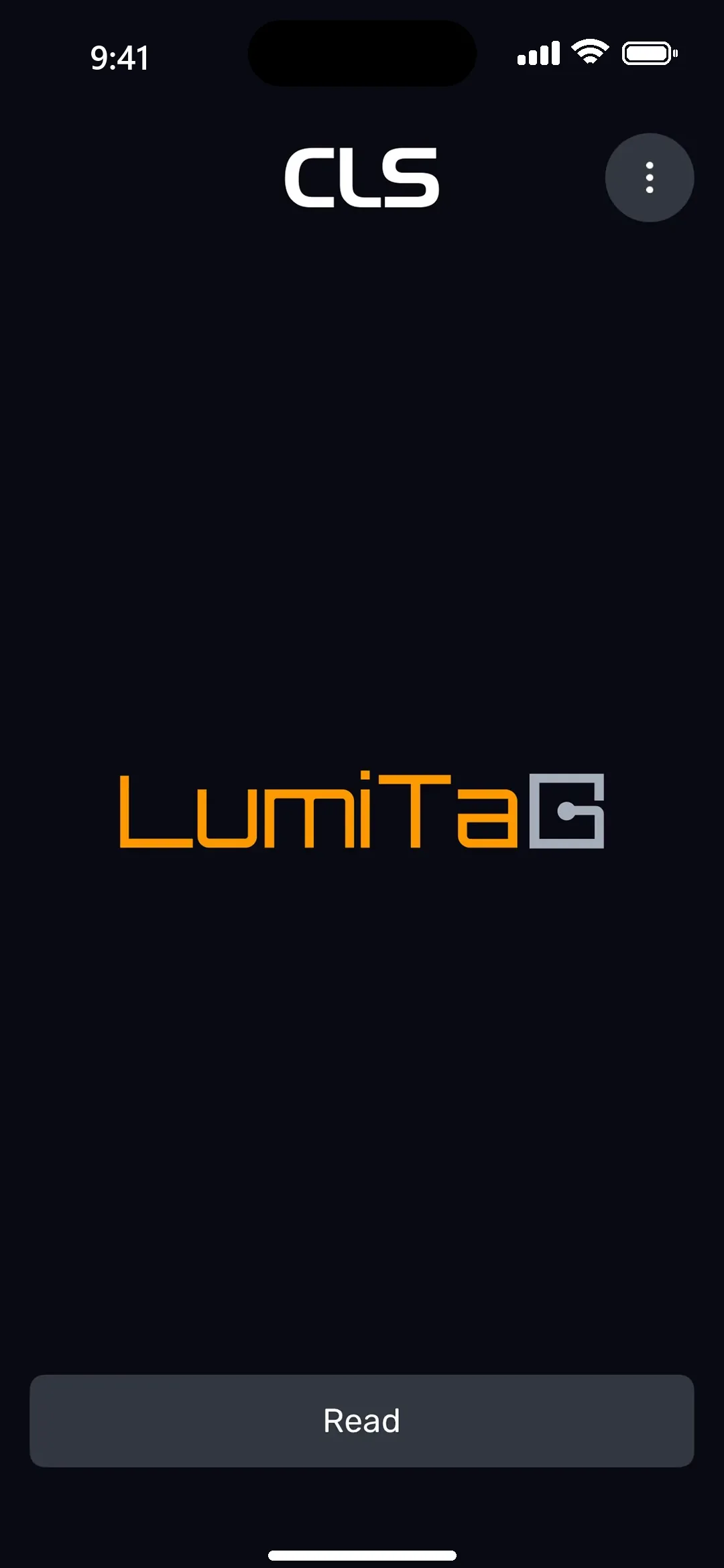 Startscherm van LumiTaG met het logo en een knop Read