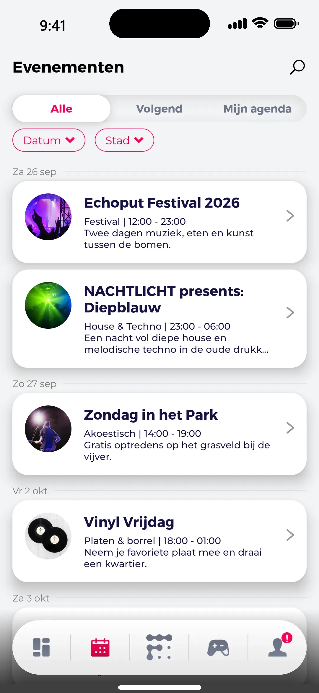 Evenementen per dag met genre en tijden