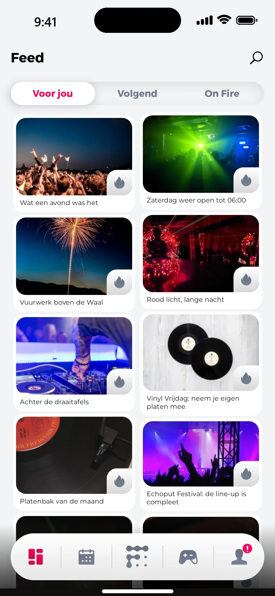 Feed van de FOCUS-app met foto's van events