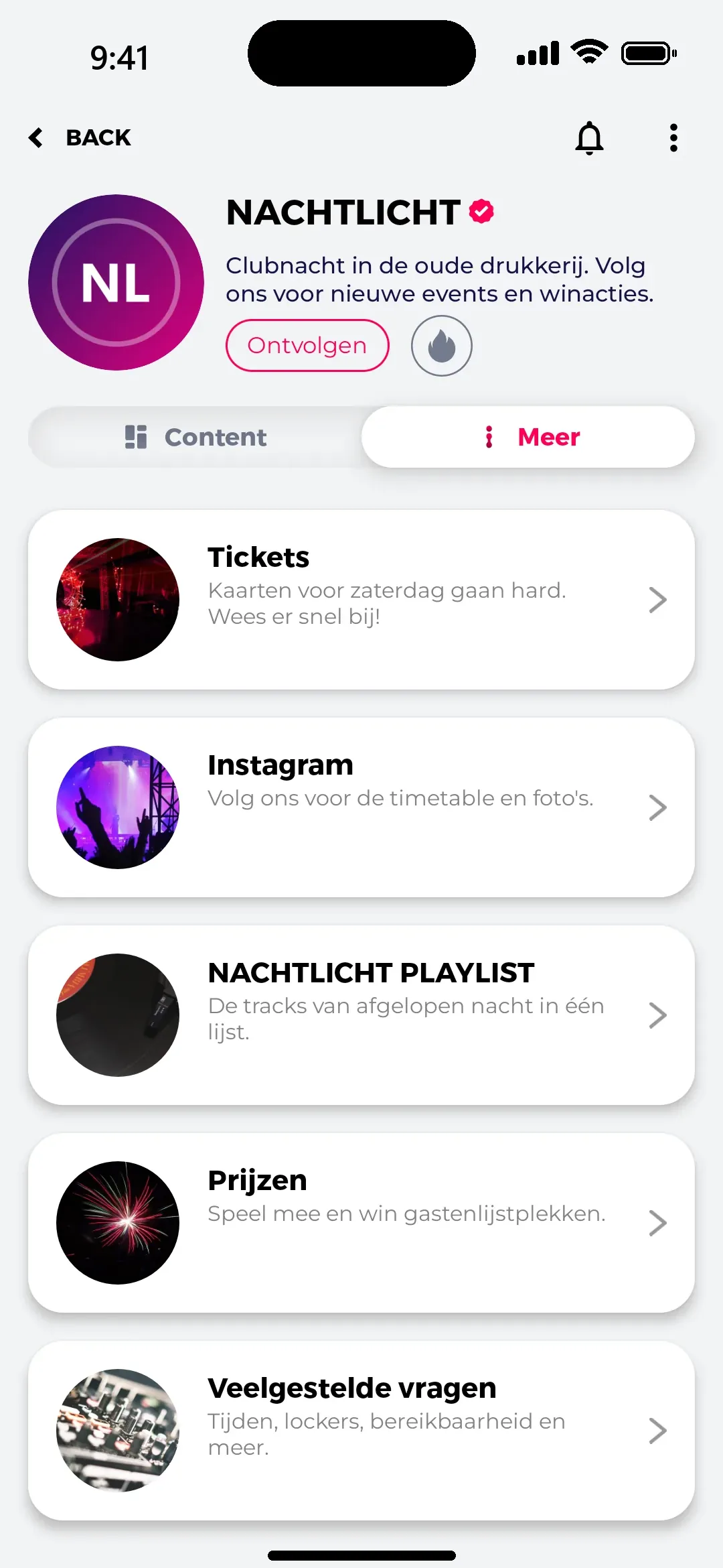 Profiel van een organisator met tickets, playlist, prijzen en veelgestelde vragen