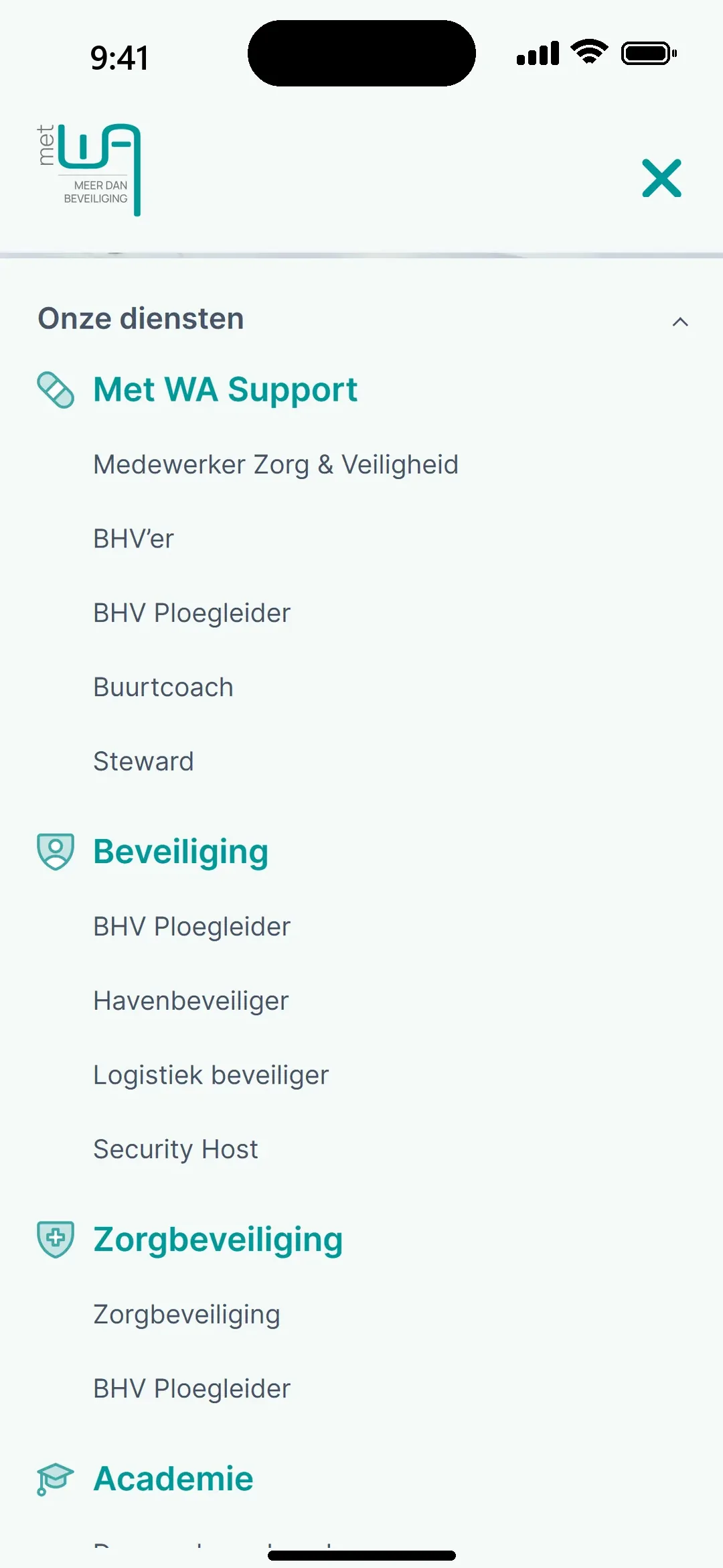 Mobiel menu van Met WA met de diensten per pijler