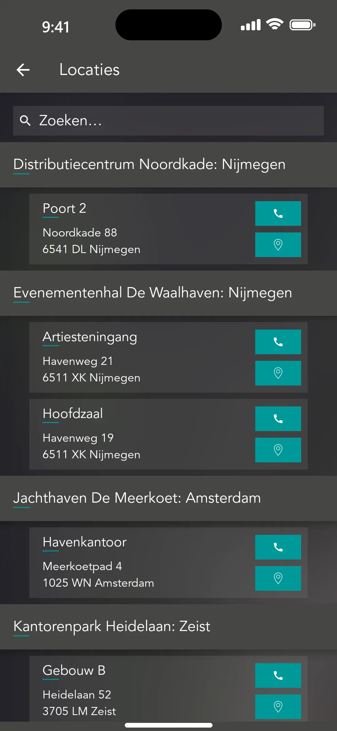 Locaties met posten, adres, bellen en route