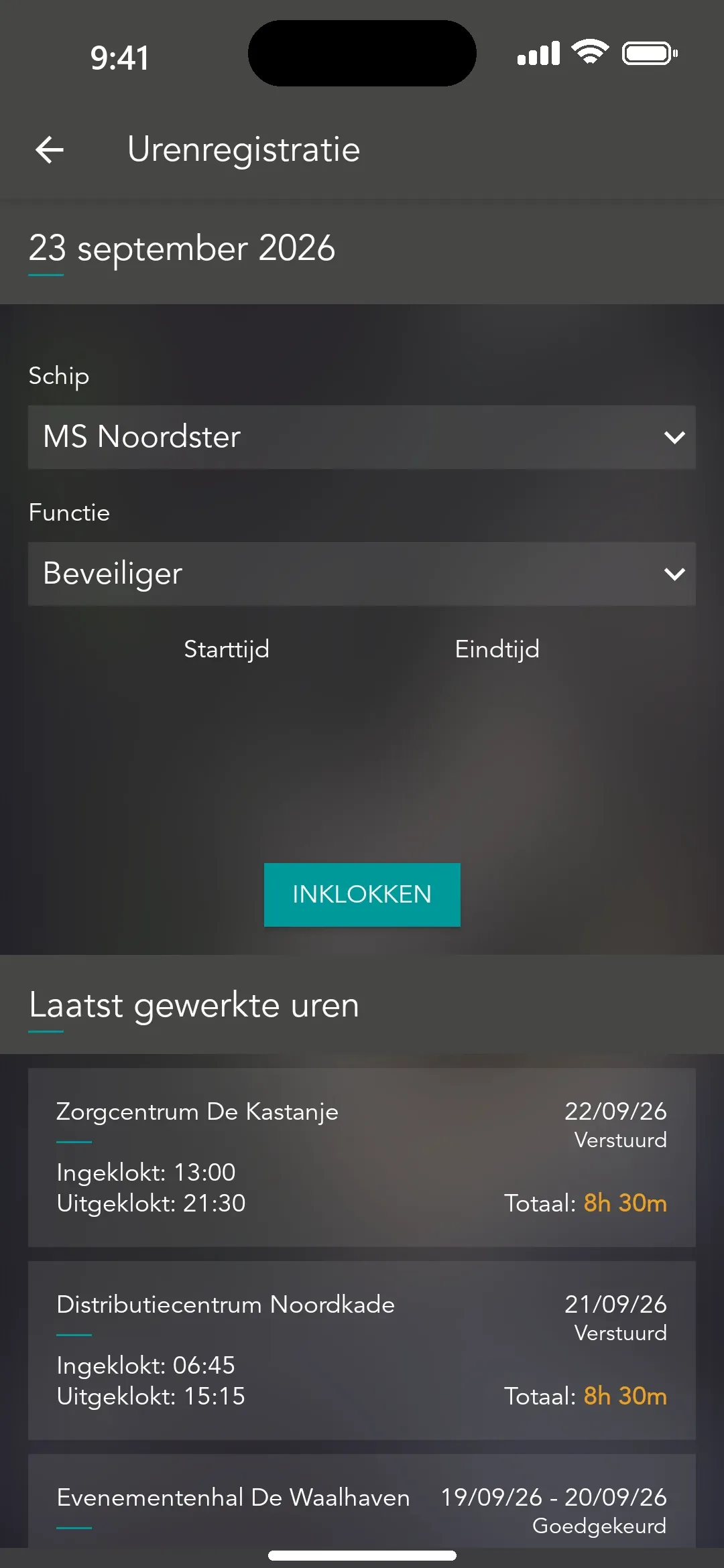 Urenregistratie: inklokken per locatie en functie, laatst gewerkte uren