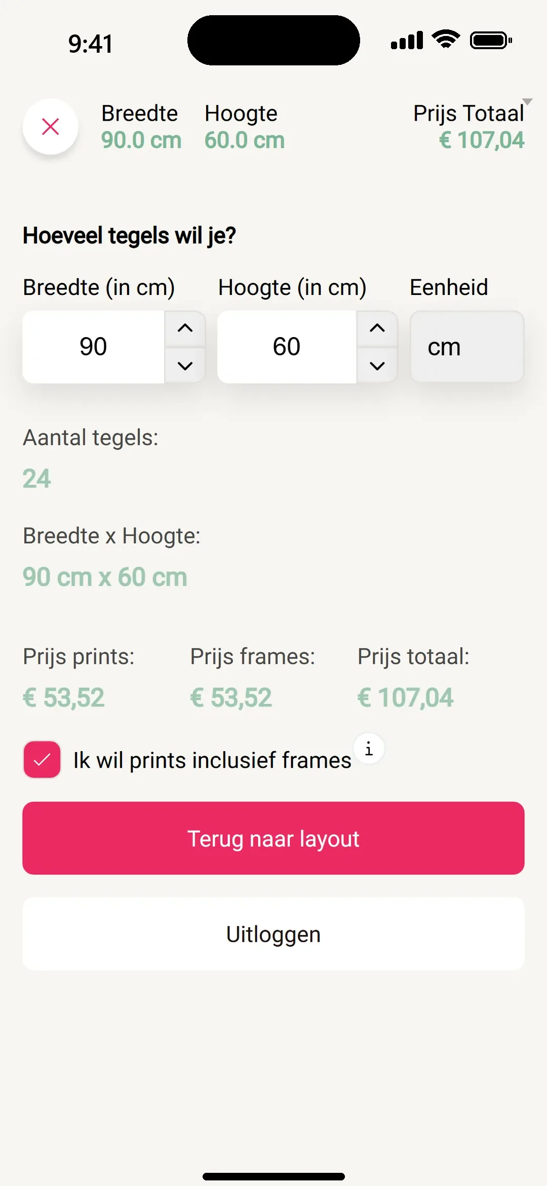 Formaat kiezen: 90 x 60 cm wordt 24 tegels, met de prijs voor prints, frames en totaal