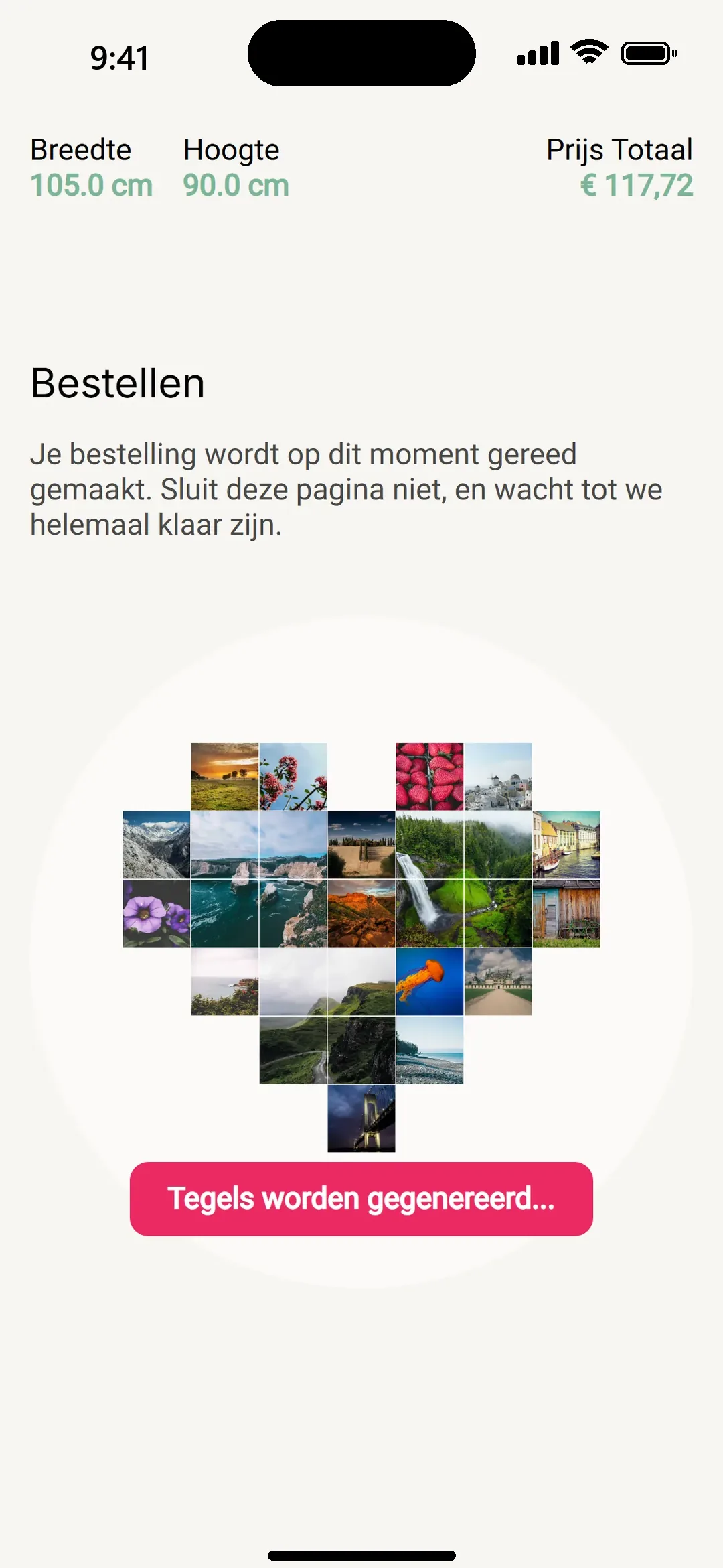 Na het bestellen maakt de app van de collage losse printbestanden per tegel, met een voorbeeld van het eindresultaat