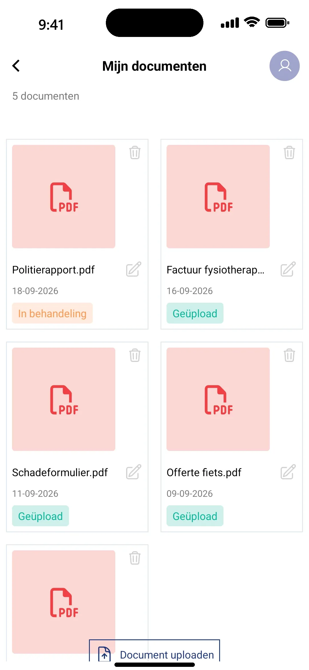Mijn documenten: geüploade documenten met de status In behandeling of Geüpload
