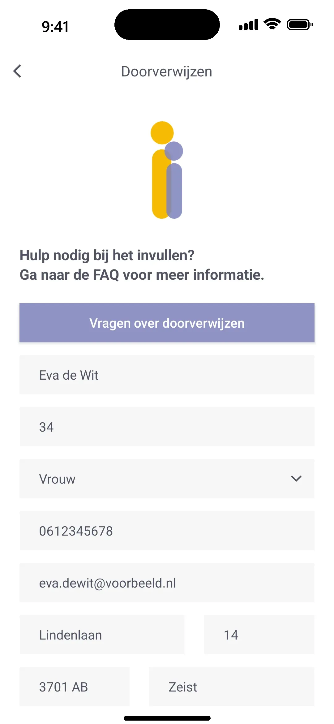 Doorverwijsformulier, ingevuld met verzonnen gegevens van een cliënt