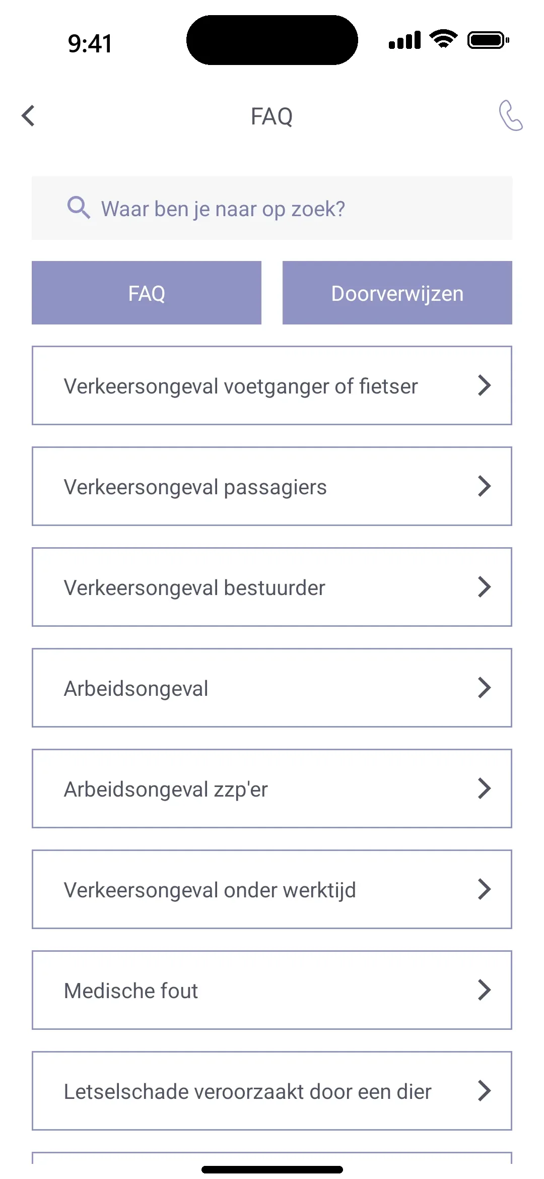 Veelgestelde vragen per soort ongeval, met een zoekveld en de knoppen FAQ en Doorverwijzen