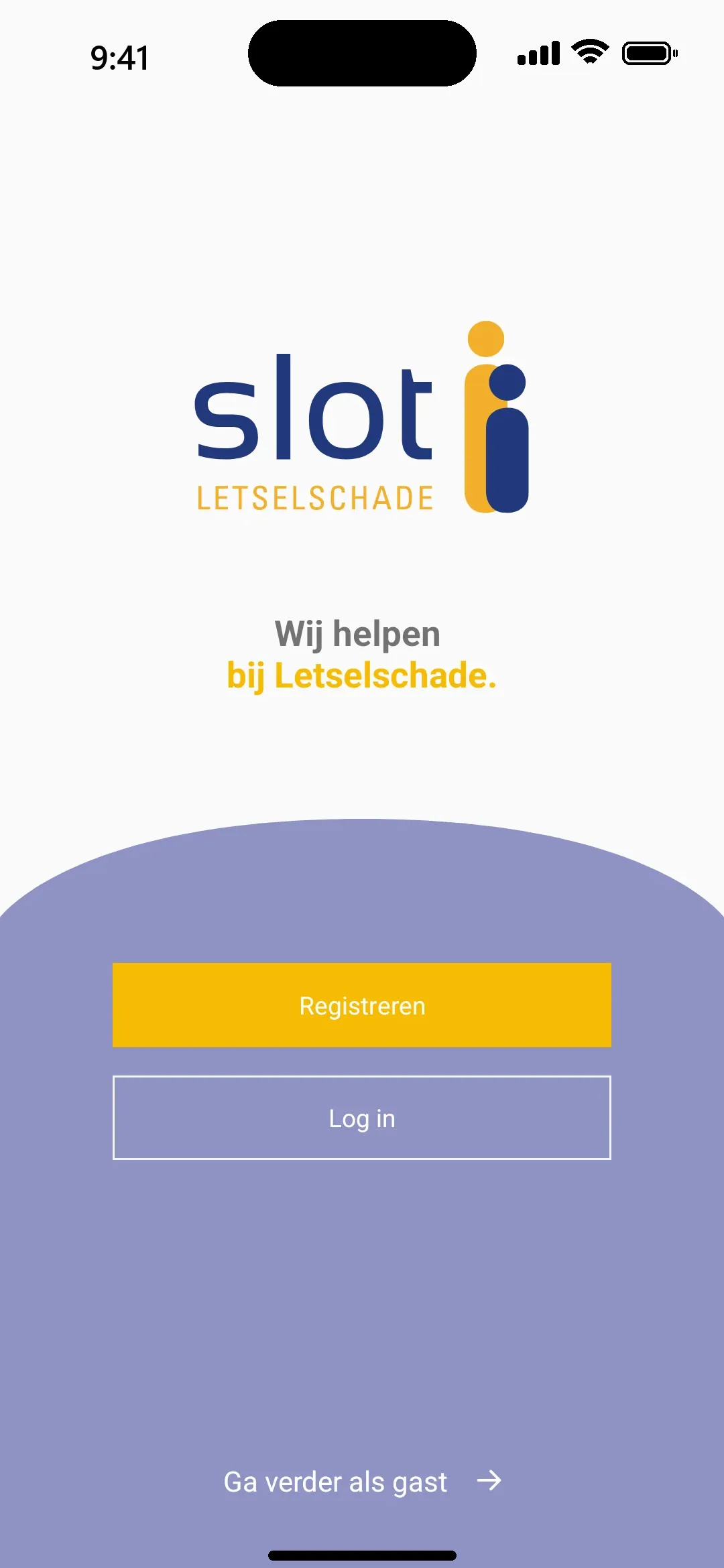 Welkomstscherm met registreren, inloggen en verder gaan als gast
