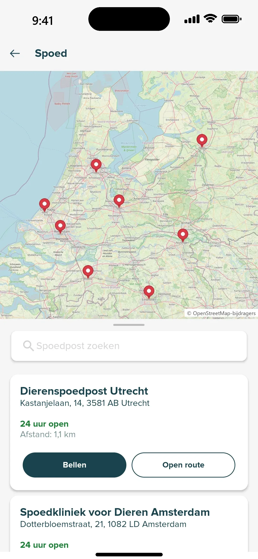 Spoedposten op de kaart met openingstijden en een belknop