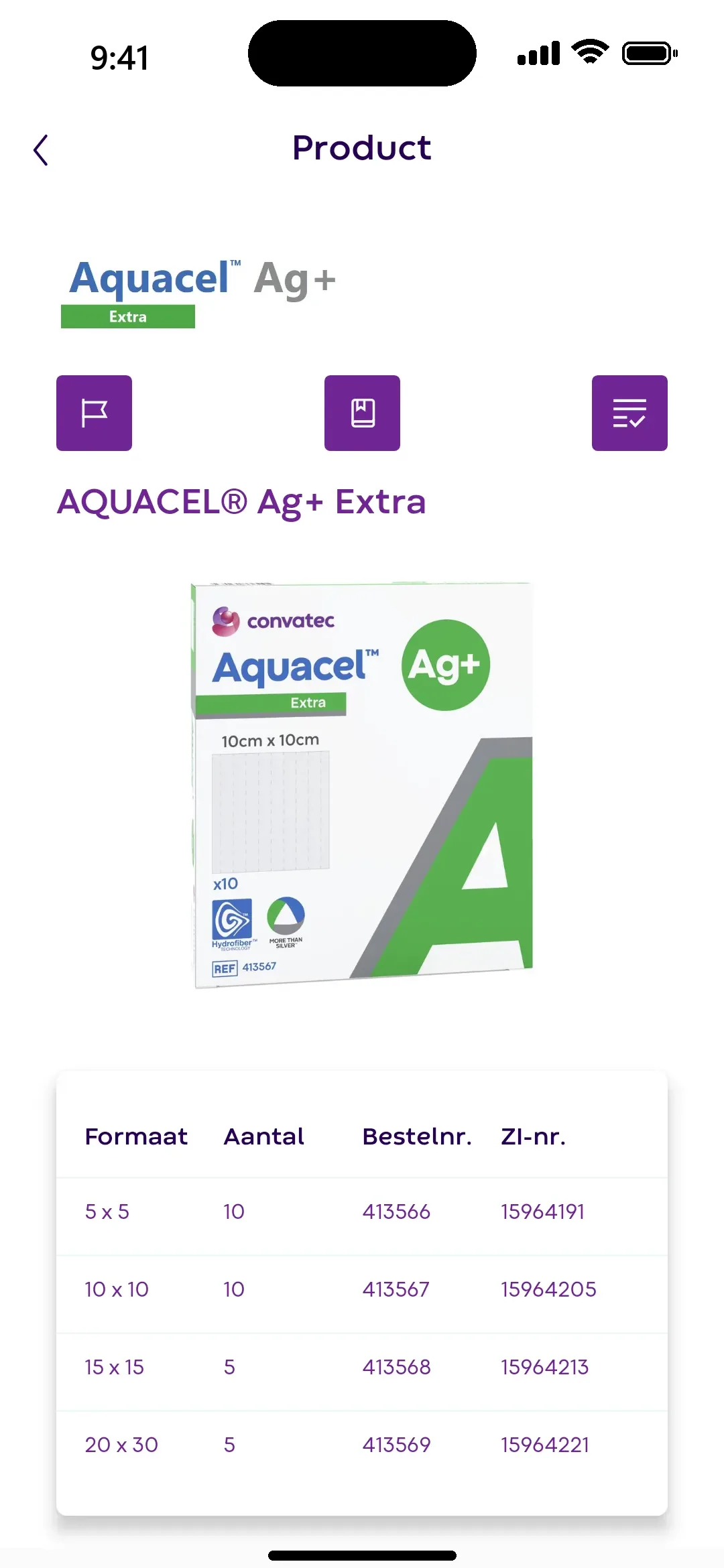 Productdetail van AQUACEL Ag+ Extra met formaten en bestelnummers